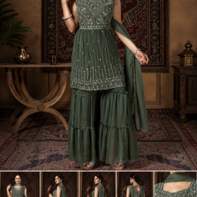 Olive Green Embroidered Sharara Suit Set