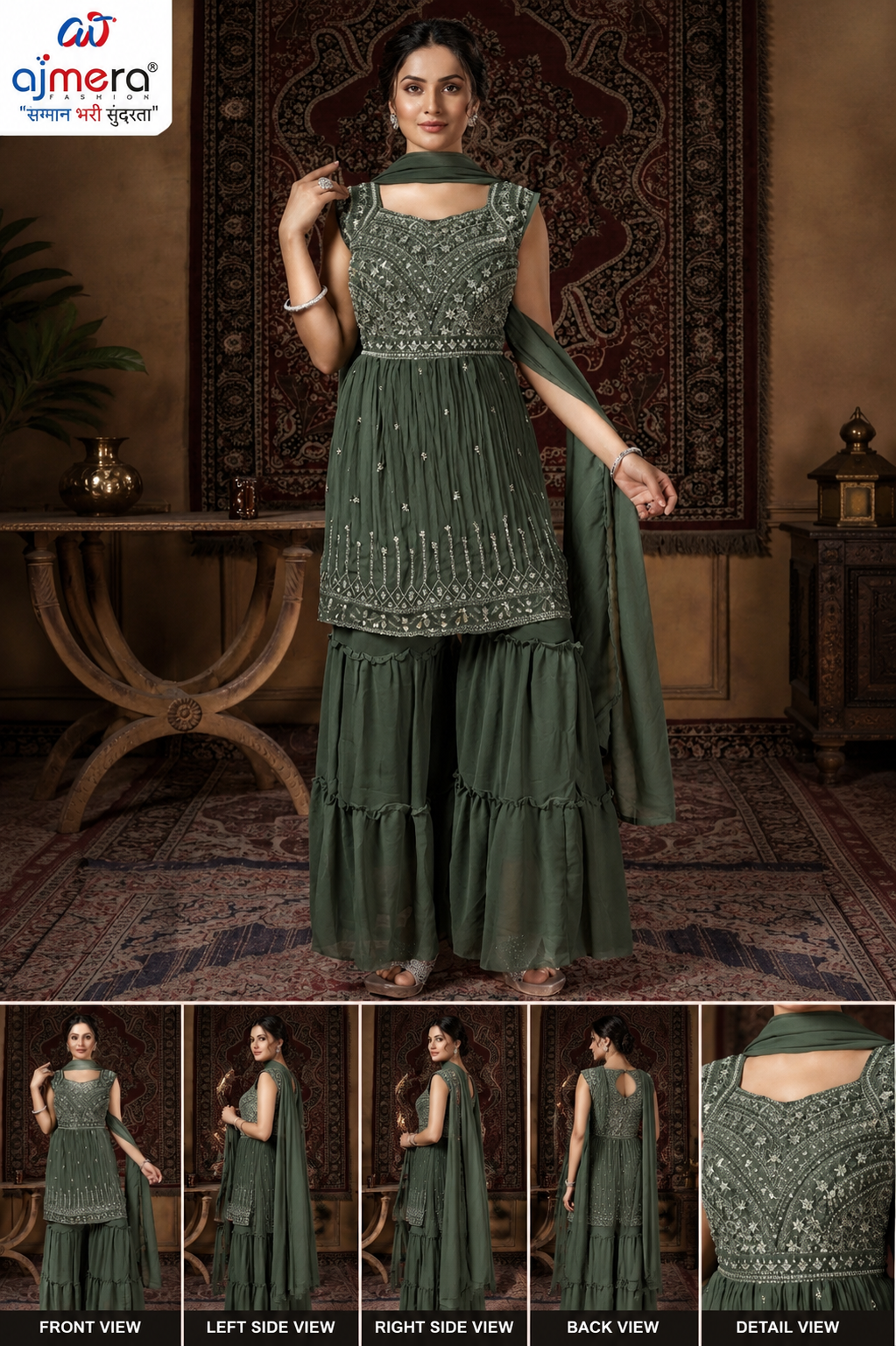 Olive Green Embroidered Sharara Suit Set