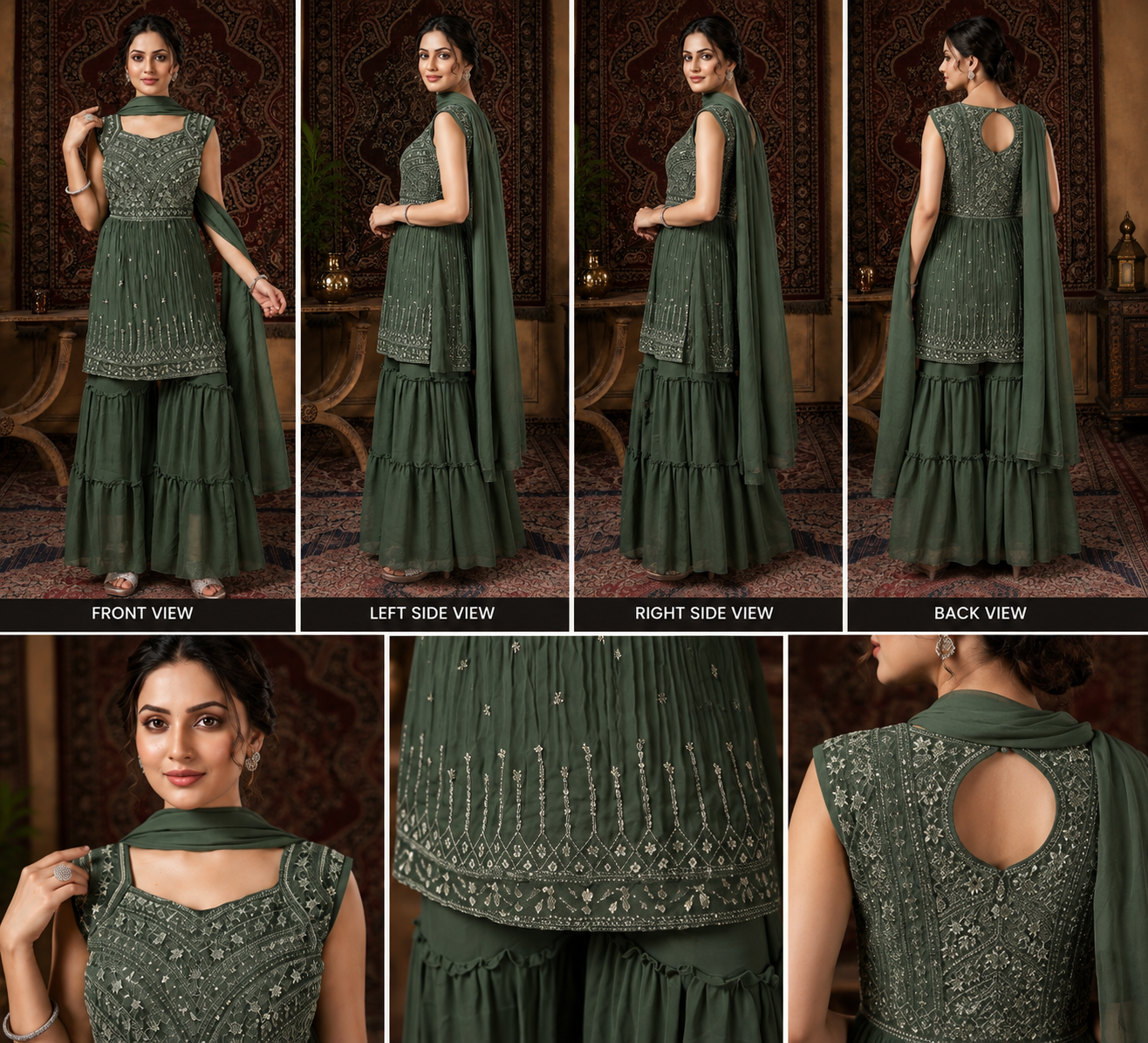 Olive Green Embroidered Sharara Suit Set - Image 2