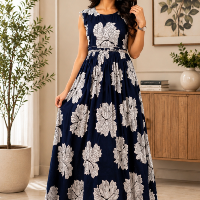 Navy Blue White Floral Printed Maxi Dress
