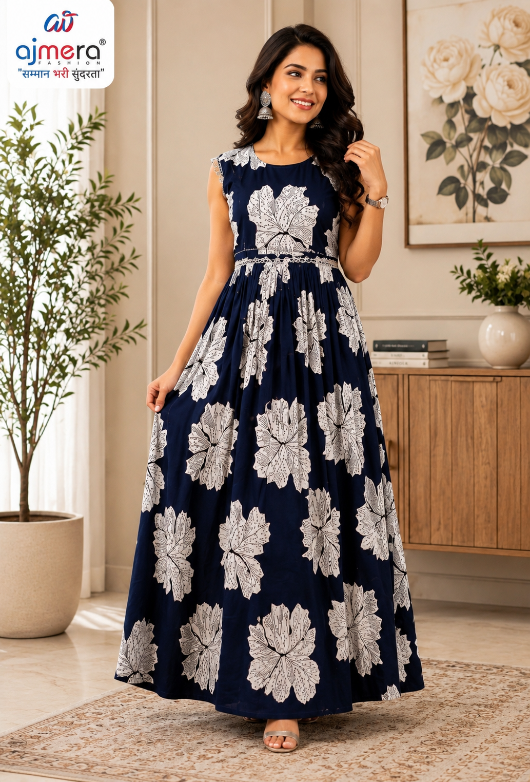 Navy Blue White Floral Printed Maxi Dress