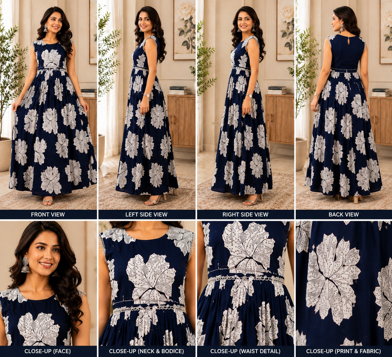 Navy Blue White Floral Printed Maxi Dress - Image 2