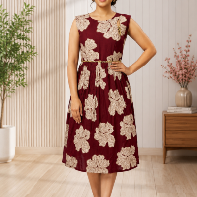 Maroon Floral Printed A-Line Midi Dress