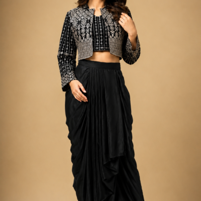 Black Embroidered Jacket & Draped Skirt Co-Ord Set