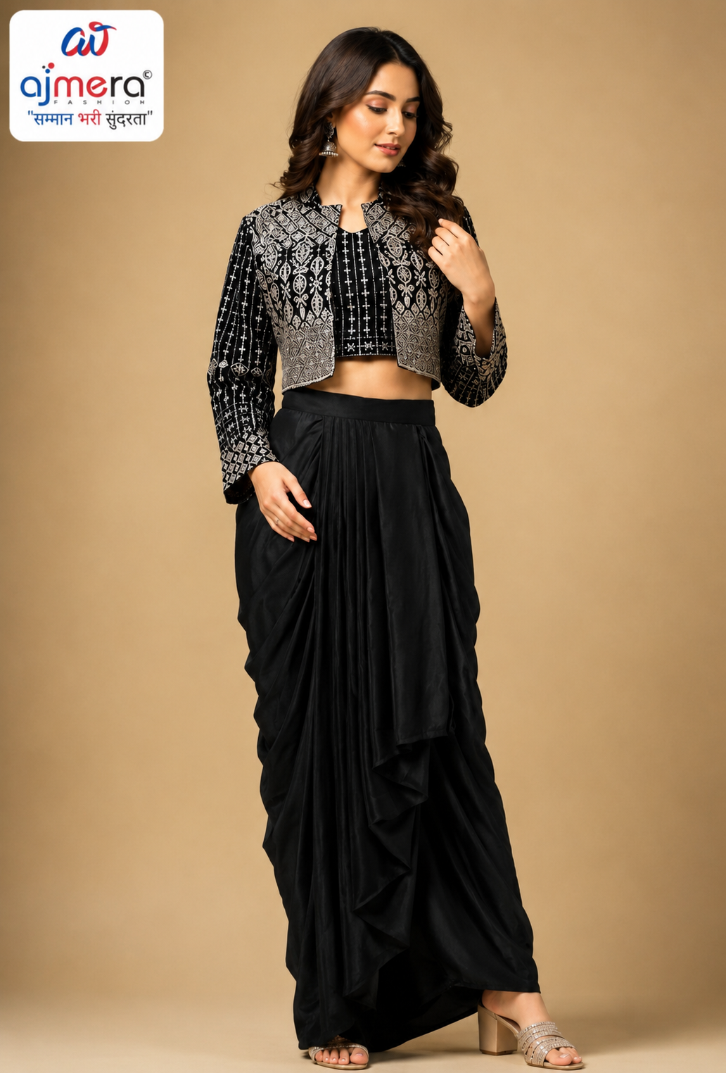Black Embroidered Jacket & Draped Skirt Co-Ord Set