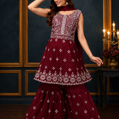 Wine Maroon Embroidered Sharara Suit Set