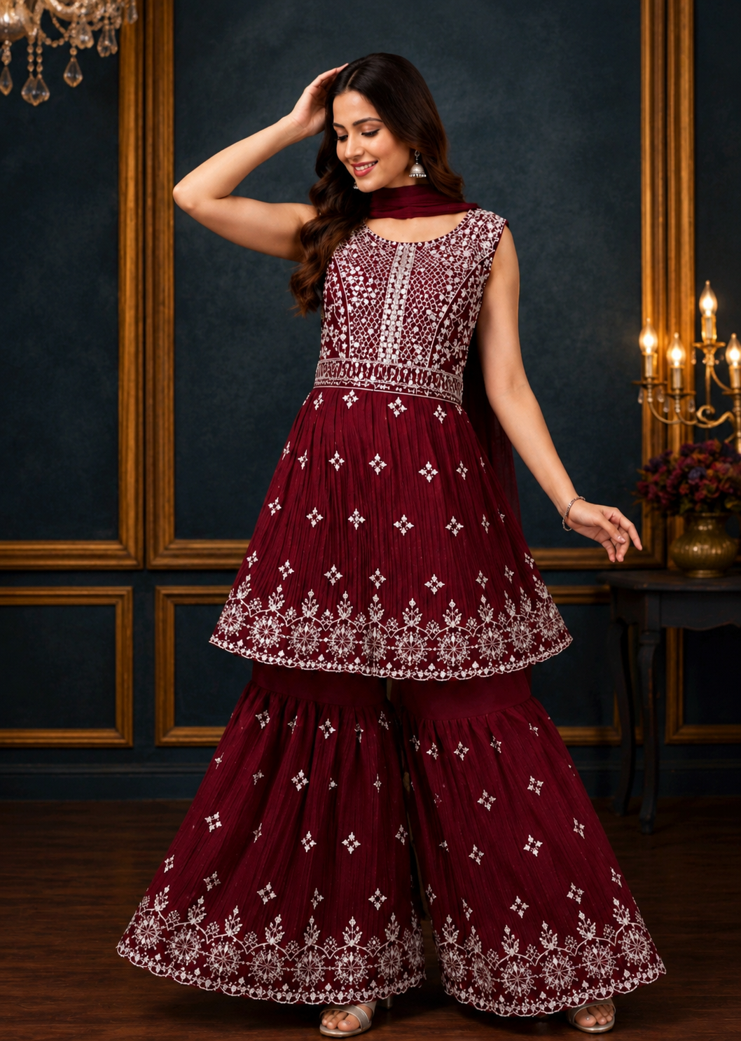 Wine Maroon Embroidered Sharara Suit Set