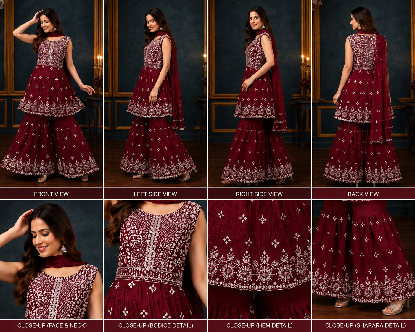 Wine Maroon Embroidered Sharara Suit Set - Image 2