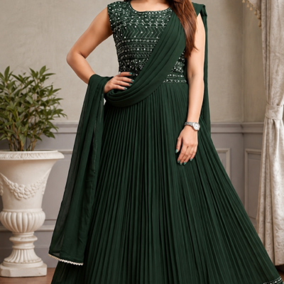 Dark Green Embroidered Pleated Anarkali Suit