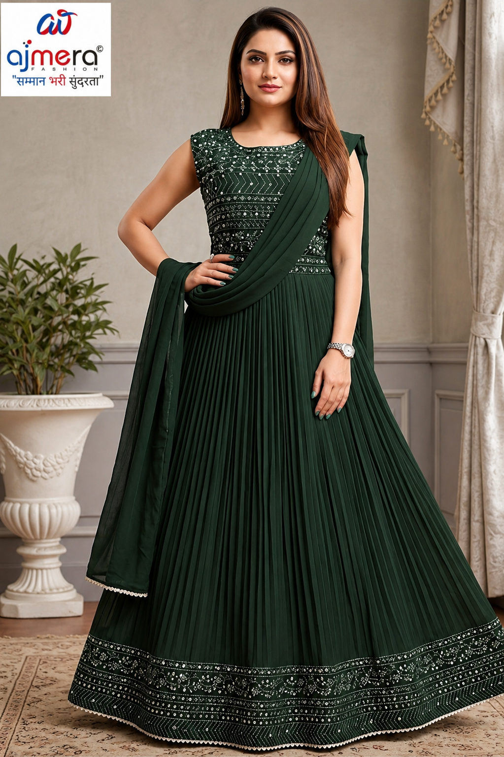 Dark Green Embroidered Pleated Anarkali Suit
