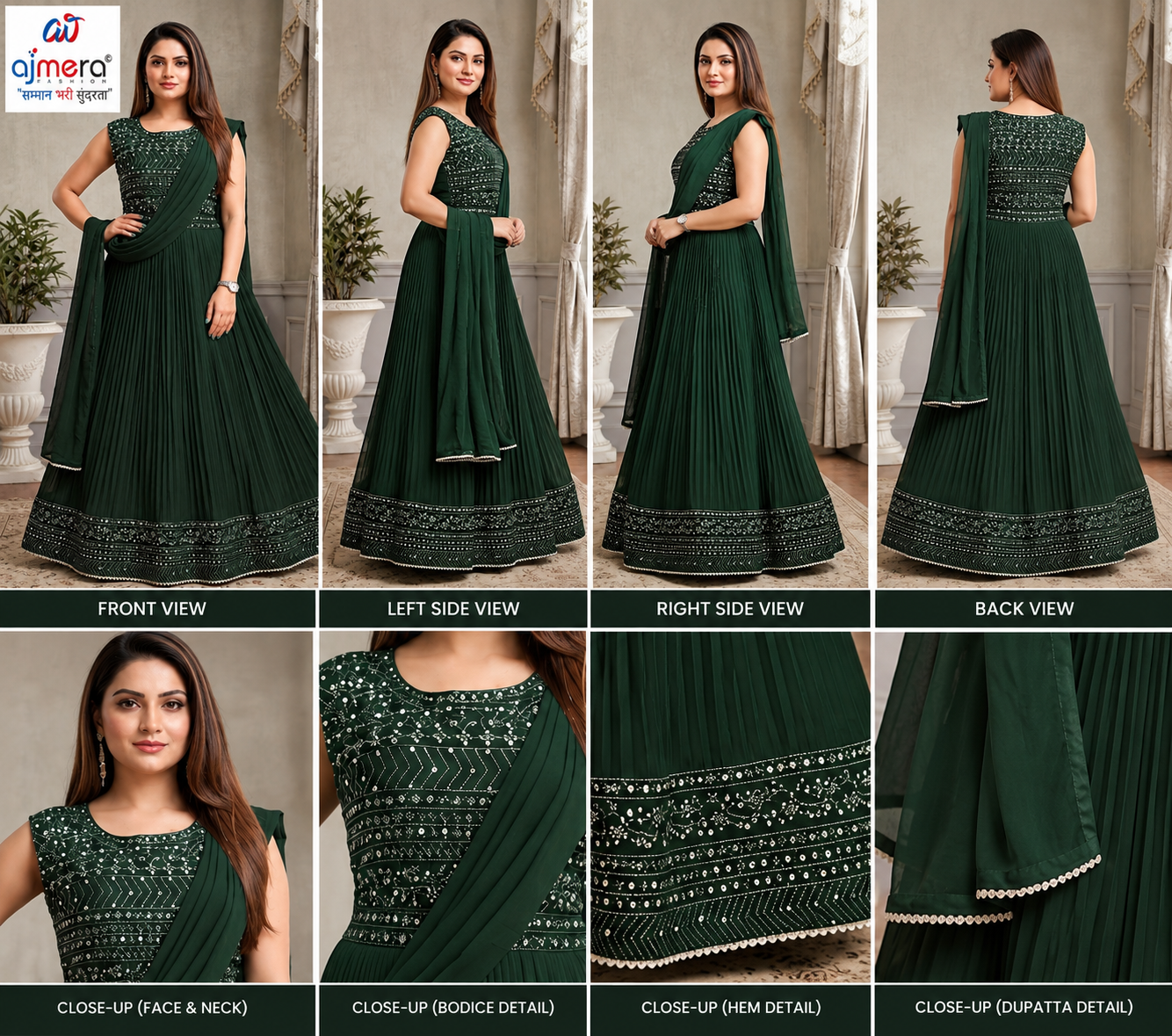 Dark Green Embroidered Pleated Anarkali Suit - Image 2