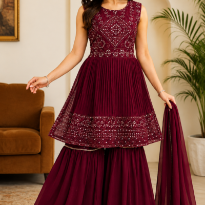 Wine Maroon Embroidered Sharara Suit Set