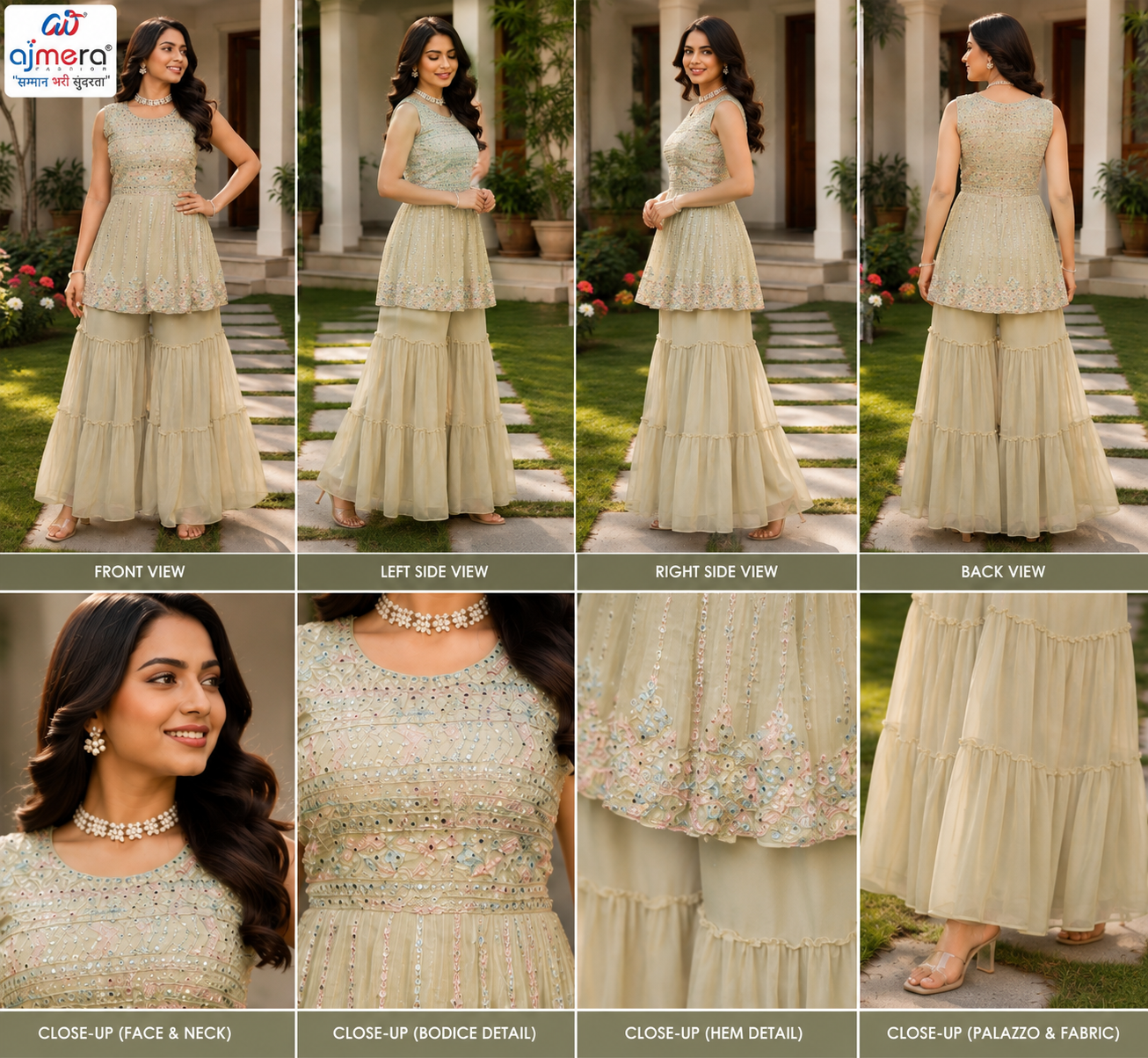 Pastel Ivory Embroidered Peplum Sharara Set - Image 2