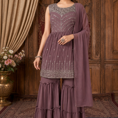 Mauve Embroidered Sharara Suit Set with Dupatta