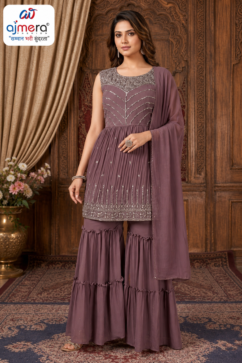 Mauve Embroidered Sharara Suit Set with Dupatta
