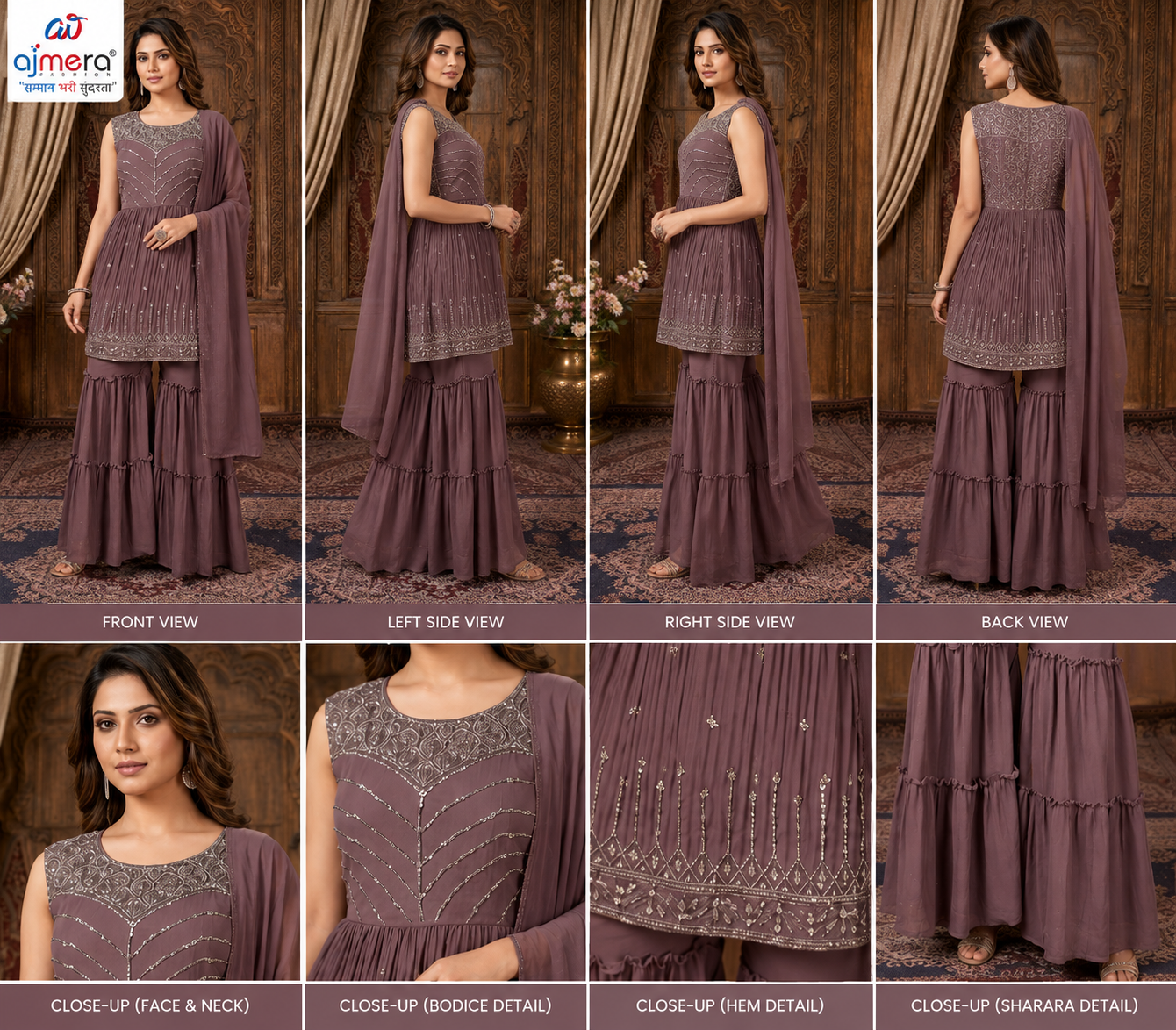Mauve Embroidered Sharara Suit Set with Dupatta - Image 2