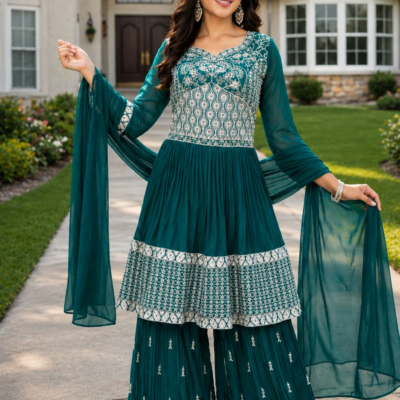 Teal Blue Embroidered Anarkali Sharara Suit Set