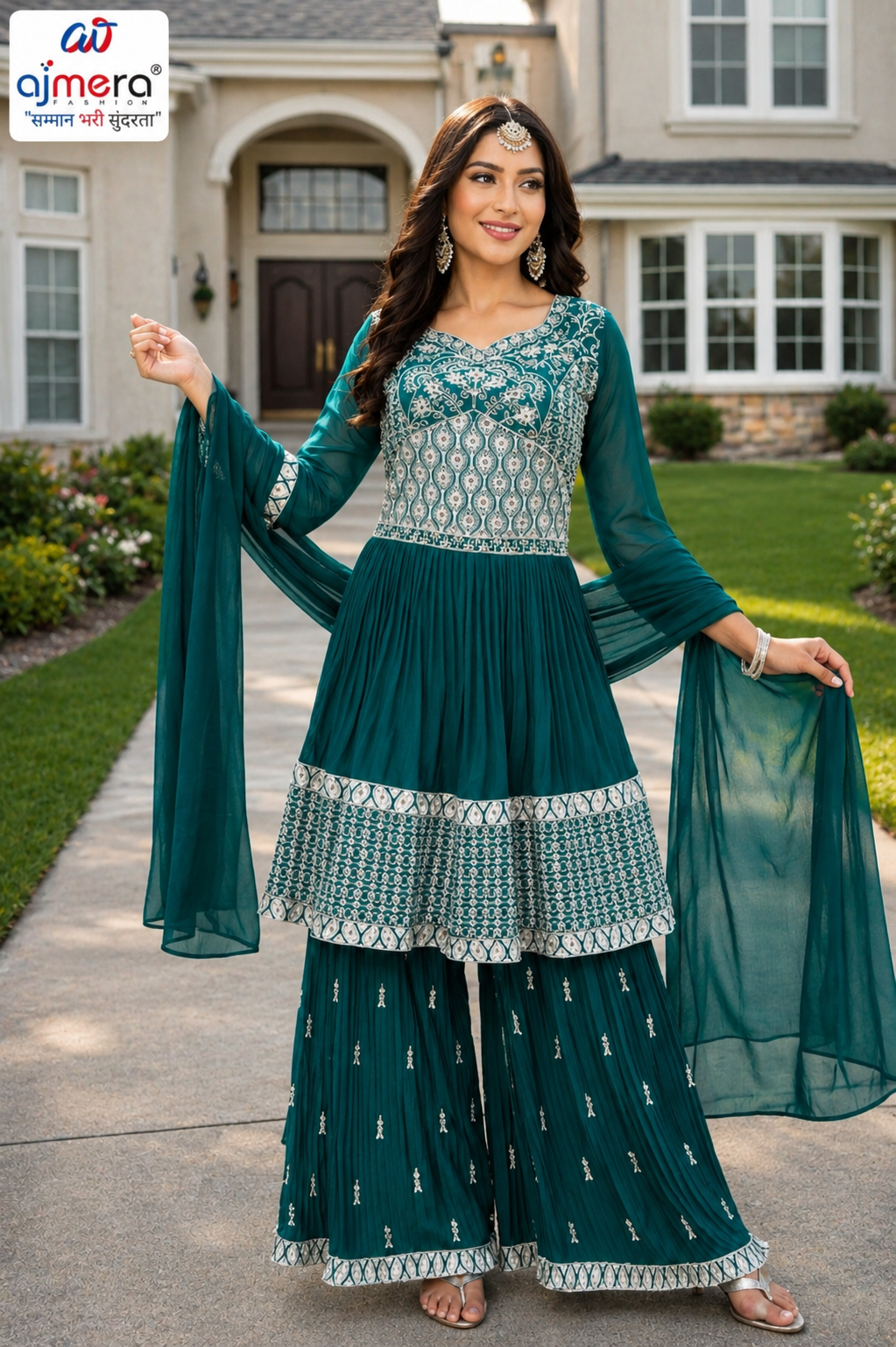 Teal Blue Embroidered Anarkali Sharara Suit Set