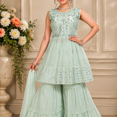 Mint Green Embroidered Sharara Suit Set
