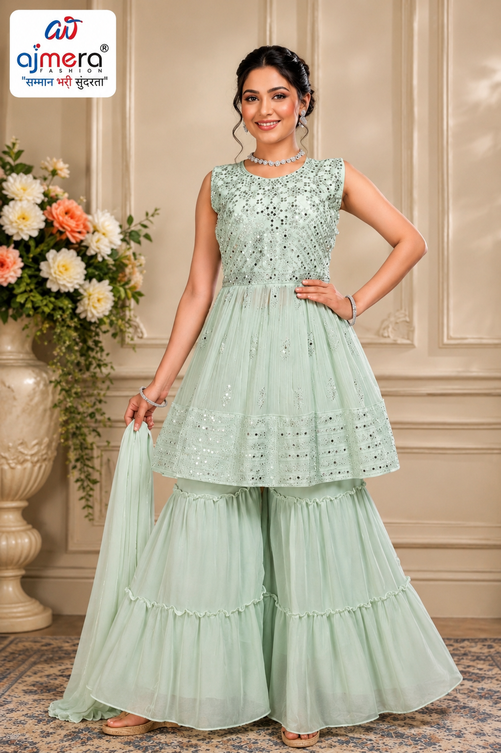 Mint Green Embroidered Sharara Suit Set