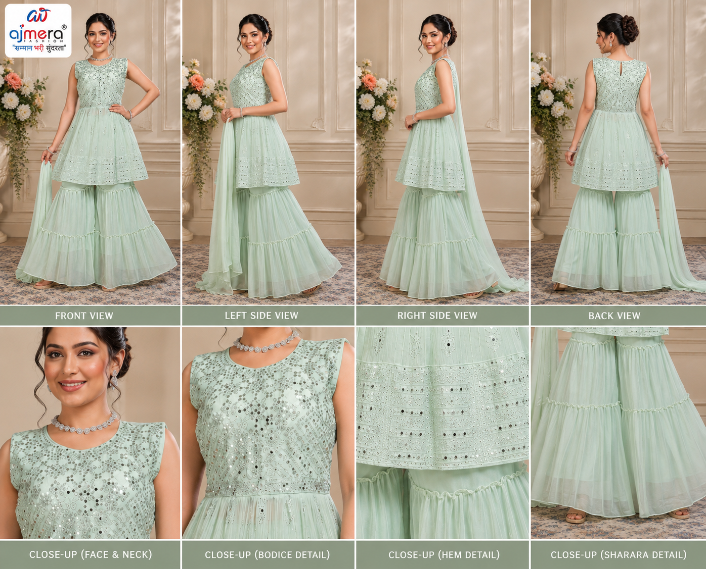 Mint Green Embroidered Sharara Suit Set - Image 2