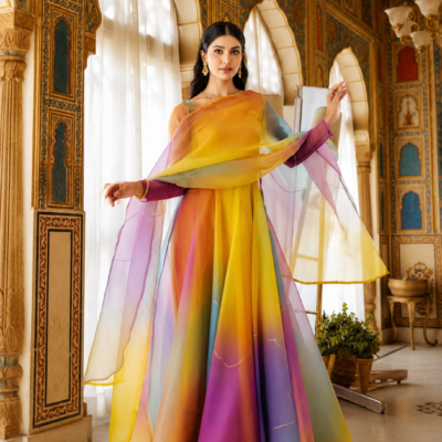 Multicolor Ombre Anarkali Gown with Sheer Dupatta