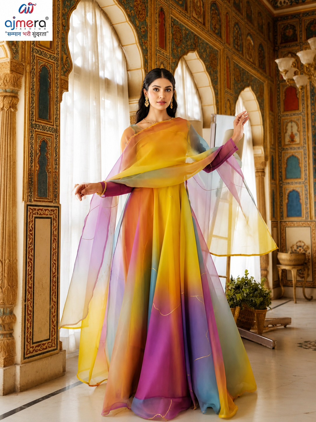 Multicolor Ombre Anarkali Gown with Sheer Dupatta