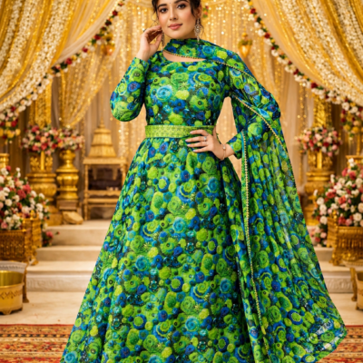 Green & Blue Floral Printed Anarkali Suit Set