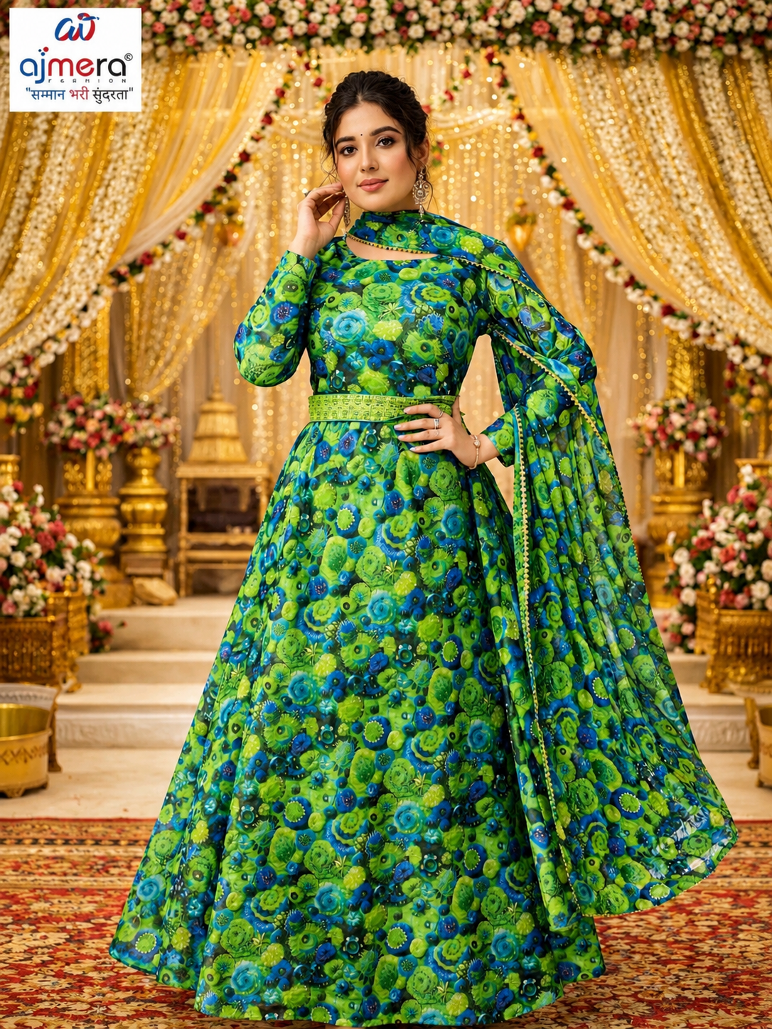 Green & Blue Floral Printed Anarkali Suit Set