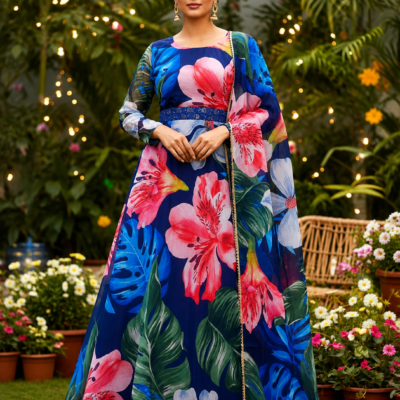 Navy Blue Floral Printed Anarkali Gown with Dupatta