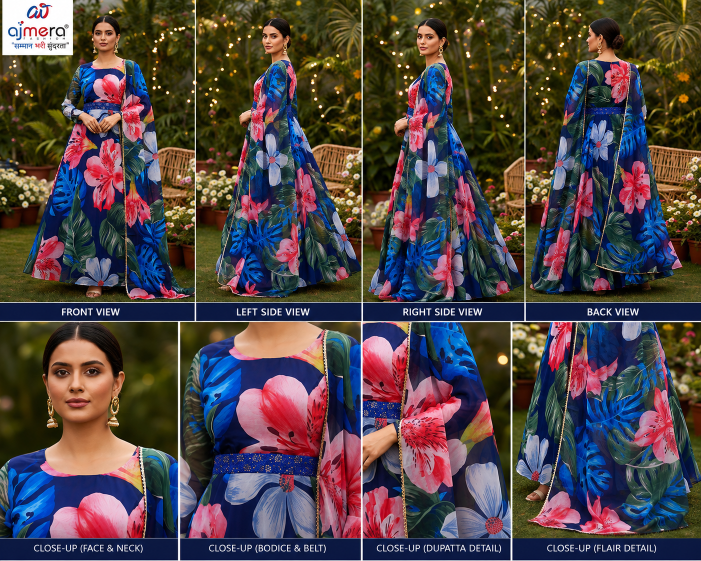 Navy Blue Floral Printed Anarkali Gown with Dupatta - Image 2