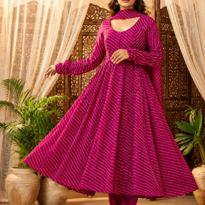 Magenta Pink Printed Anarkali Suit Set with Dupatta