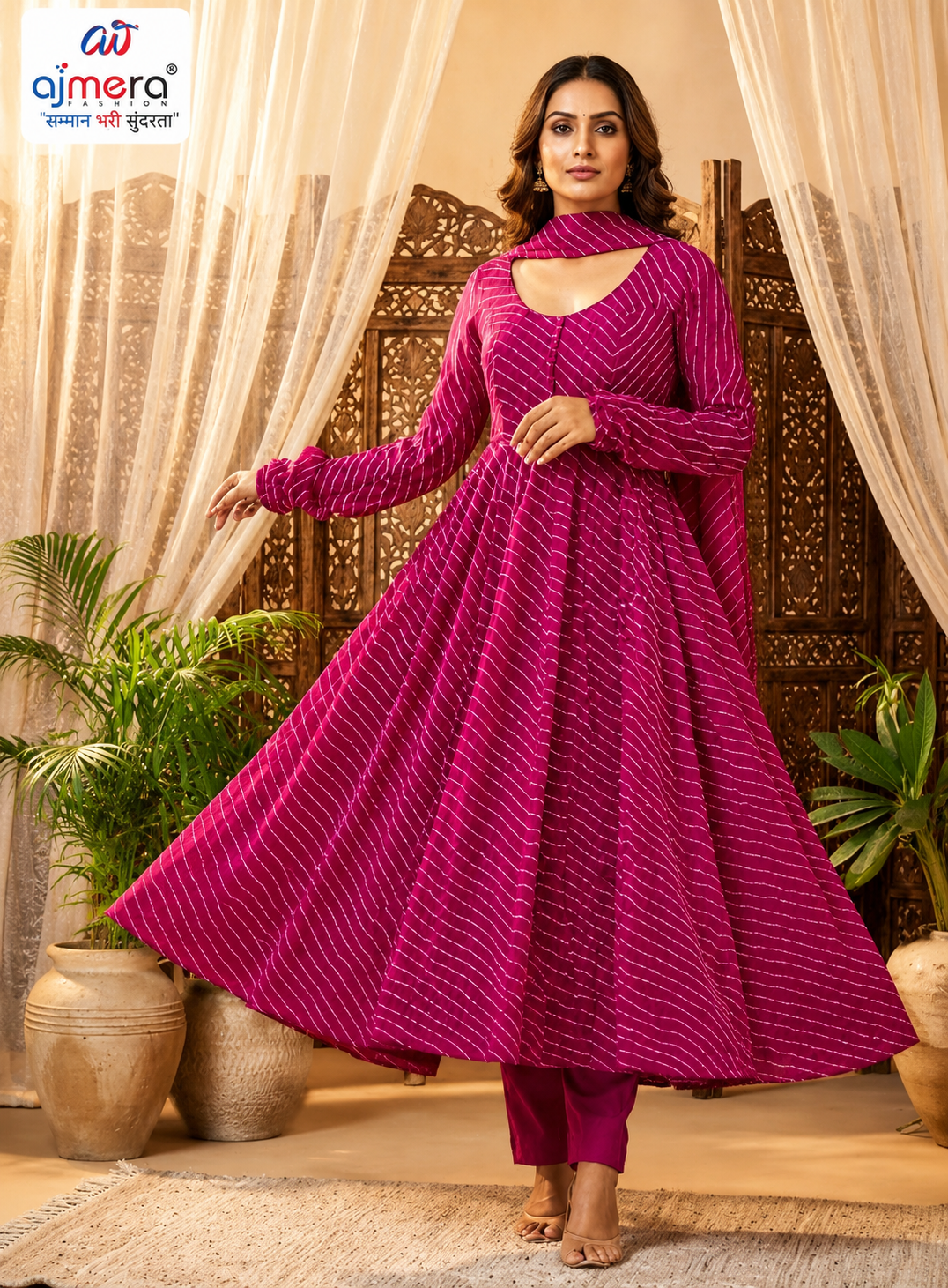 Magenta Pink Printed Anarkali Suit Set with Dupatta