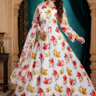 White Floral Printed Anarkali Gown with Dupatta