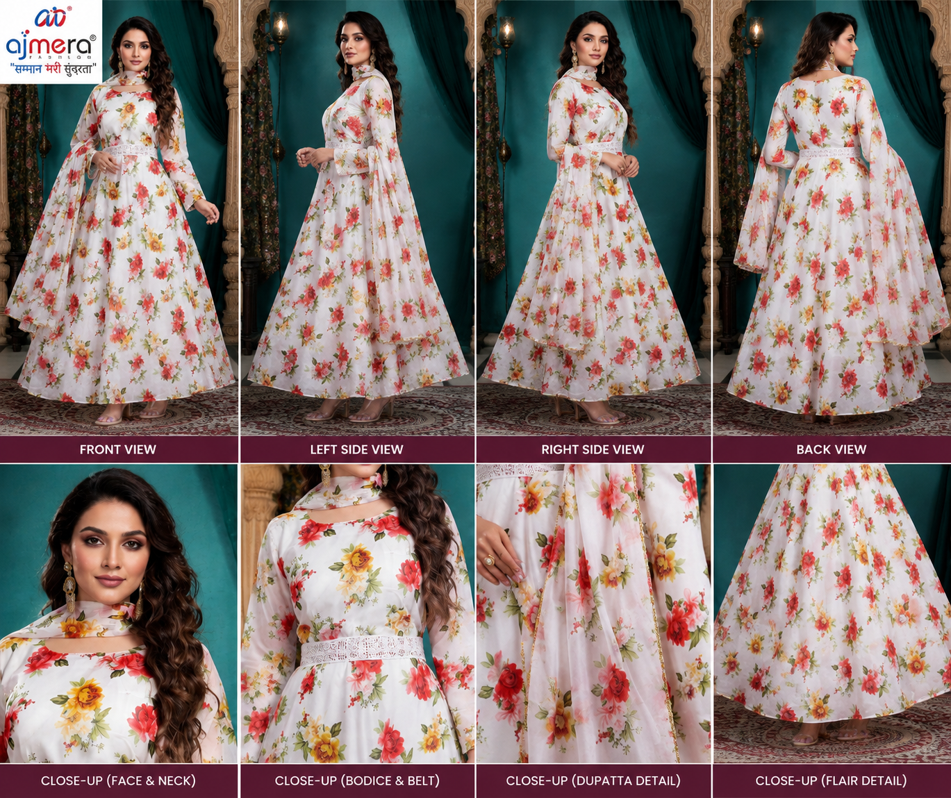 White Floral Printed Anarkali Gown with Dupatta - Image 2
