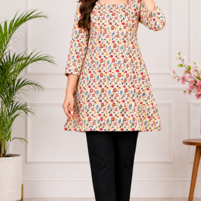 Women’s Cream Floral Printed A-Line Kurti with Black Pant