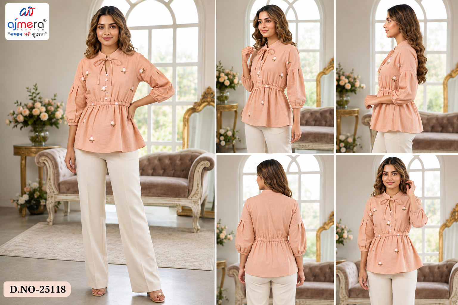 Women’s Peach Embroidered Peplum Top with Cream Trousers - Image 2