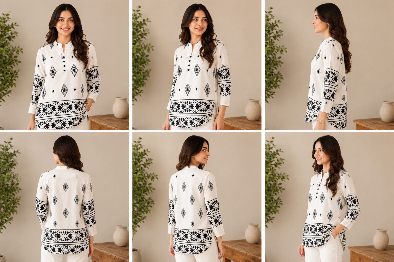 Women’s White & Black Printed Embroidered Kurti Set - Image 2