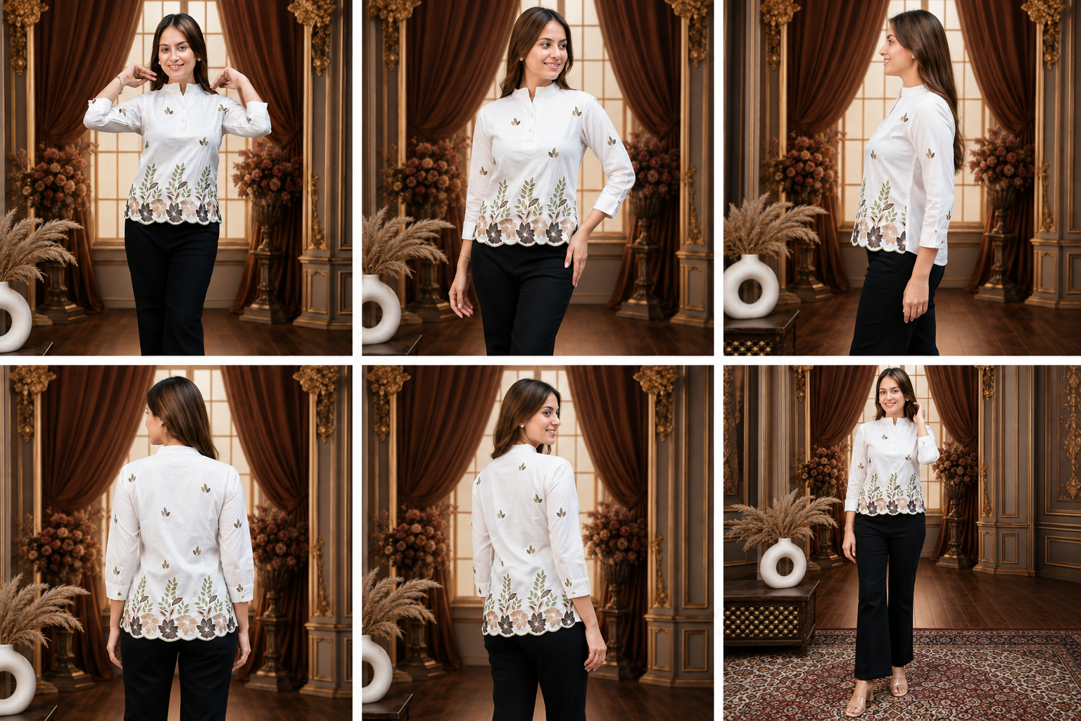 Ajmera Fashion Women’s White Embroidered Mandarin Collar Top with Black Trouser Set - Image 2