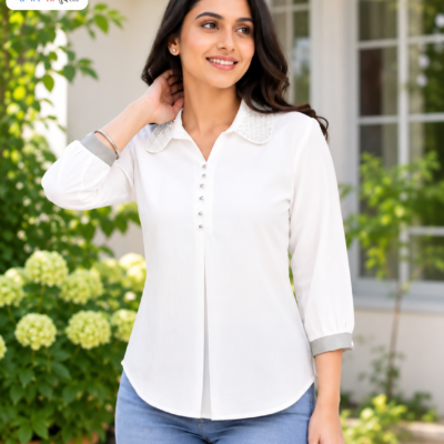 Ajmera Fashion Women’s White Pearl Collar Full Sleeve Shirt