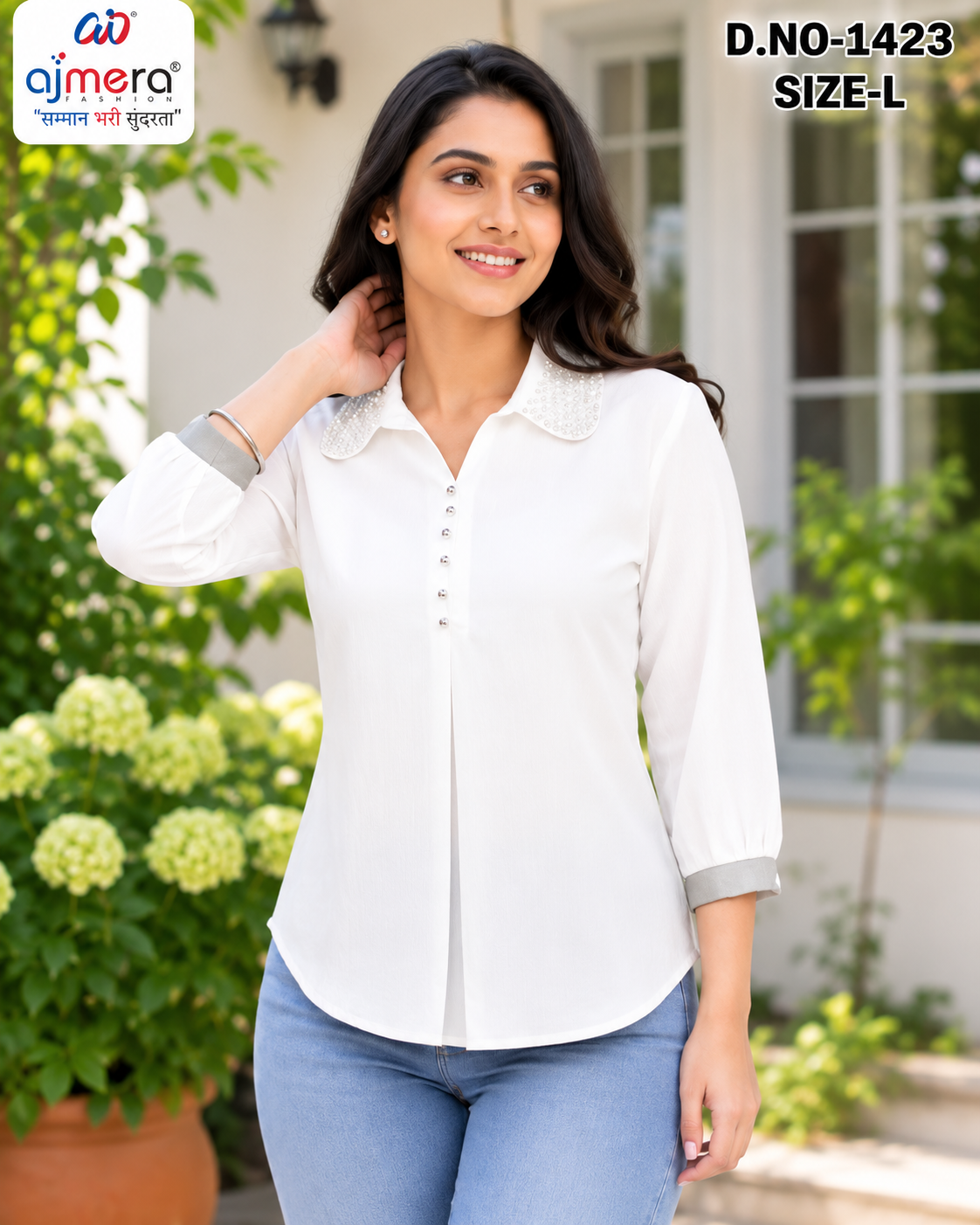 Ajmera Fashion Women’s White Pearl Collar Full Sleeve Shirt