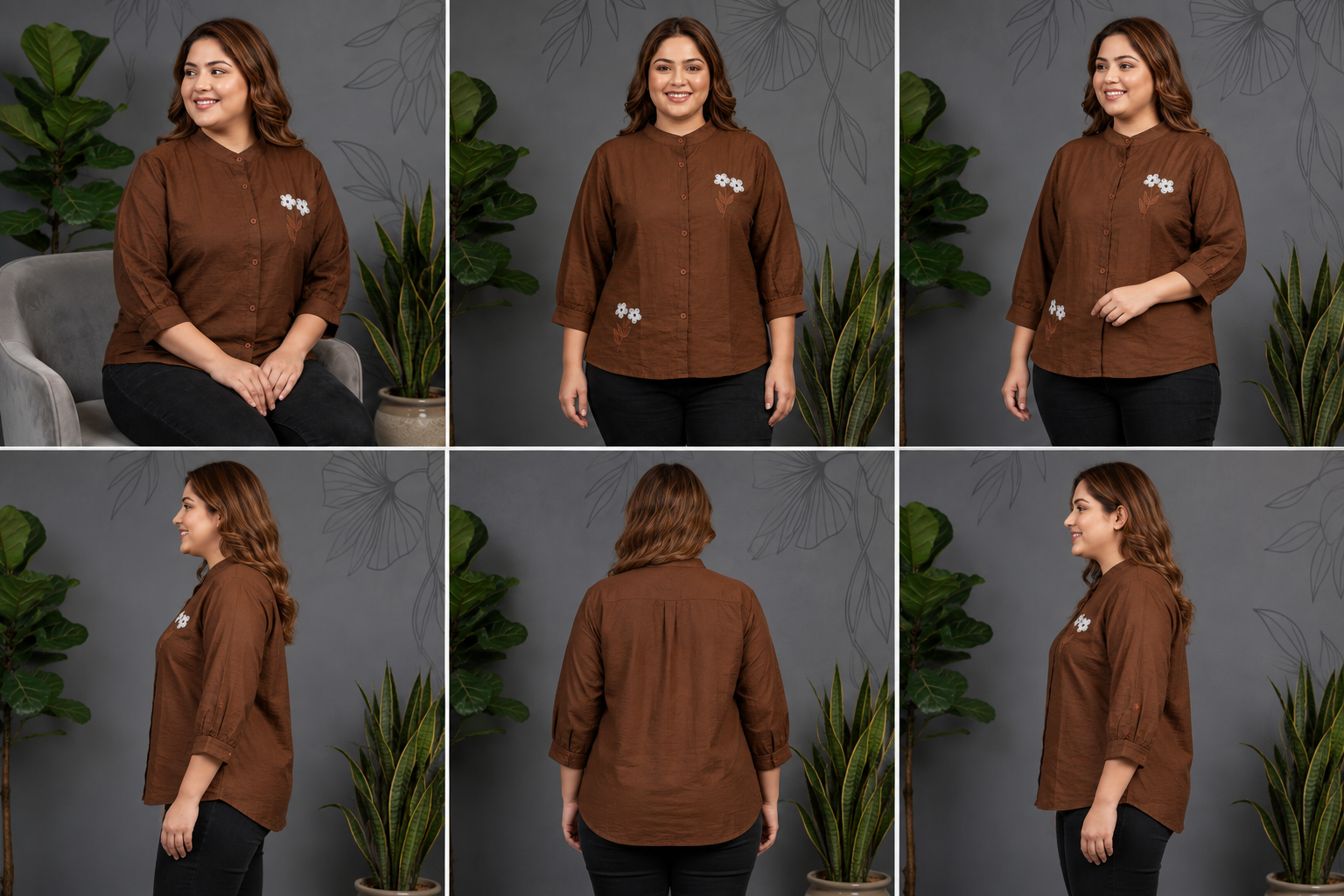 Ajmera Fashion Women’s Brown Floral Embroidered Mandarin Collar Shirt - Image 2