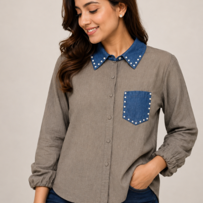 Ajmera Fashion Women’s Grey Shirt with Denim Blue Collar & Pocket