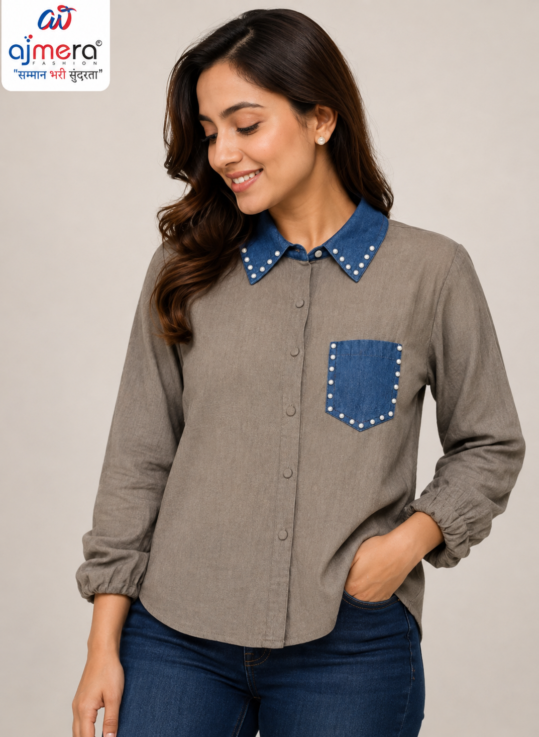 Ajmera Fashion Women’s Grey Shirt with Denim Blue Collar & Pocket