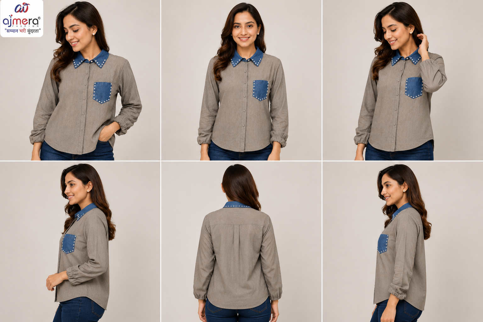 Ajmera Fashion Women’s Grey Shirt with Denim Blue Collar & Pocket - Image 2