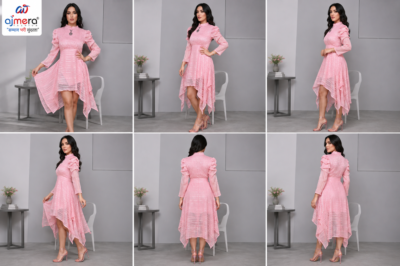 Ajmera Fashion Women’s Pink Textured Ruffle Sleeve High-Low Dress - Image 2