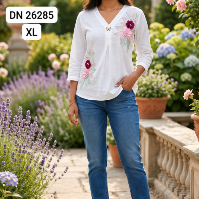 Ajmera Fashion Women’s White Floral Embroidered V-Neck Top