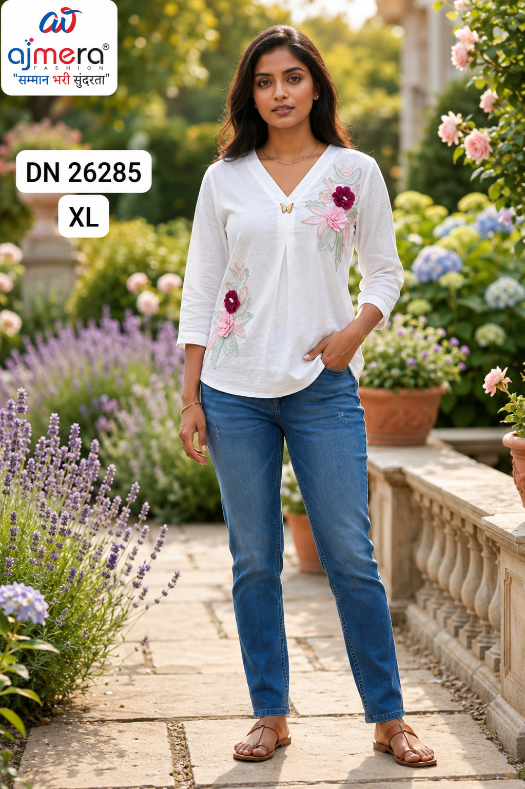 Ajmera Fashion Women’s White Floral Embroidered V-Neck Top