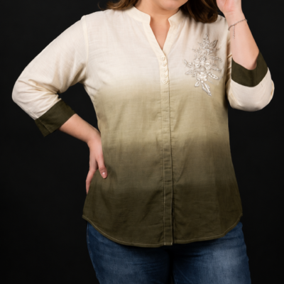 Ajmera Fashion Women’s Cream & Olive Green Ombre Embroidered Shirt