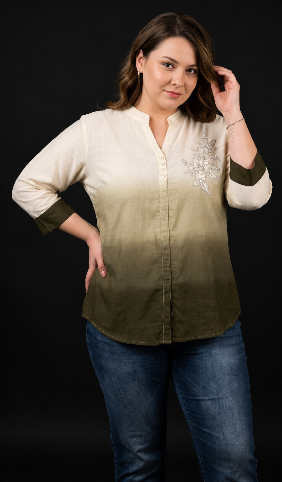 Ajmera Fashion Women’s Cream & Olive Green Ombre Embroidered Shirt